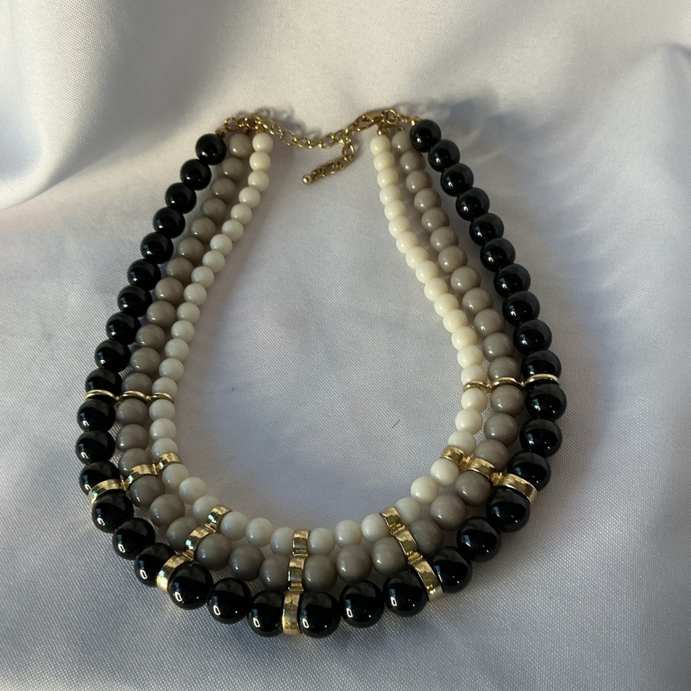 Layered Beaded Necklace Black Cream Taupe Gold Tone Statement
